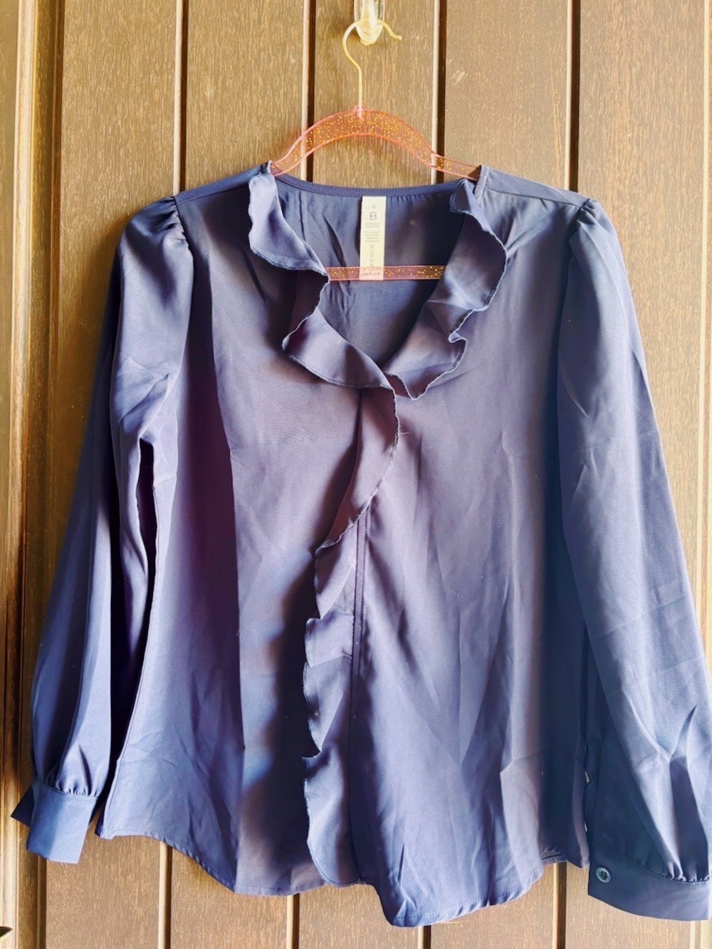 Women’s Navy Ruffle-Front Blouse - Classic Long Sleeve